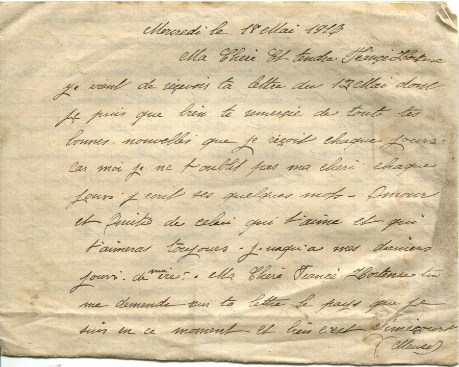 134 - Lettre d'Eugène Felenc  adressée à Hortense Faurite datée du 18 mai 1916- Page 1.jpg