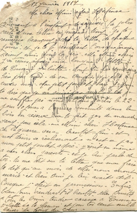 18 - Verso d'une carte postale de Eugène Felenc adressée à Hortense Faurite datée du 17 Janvier 1917.jpg