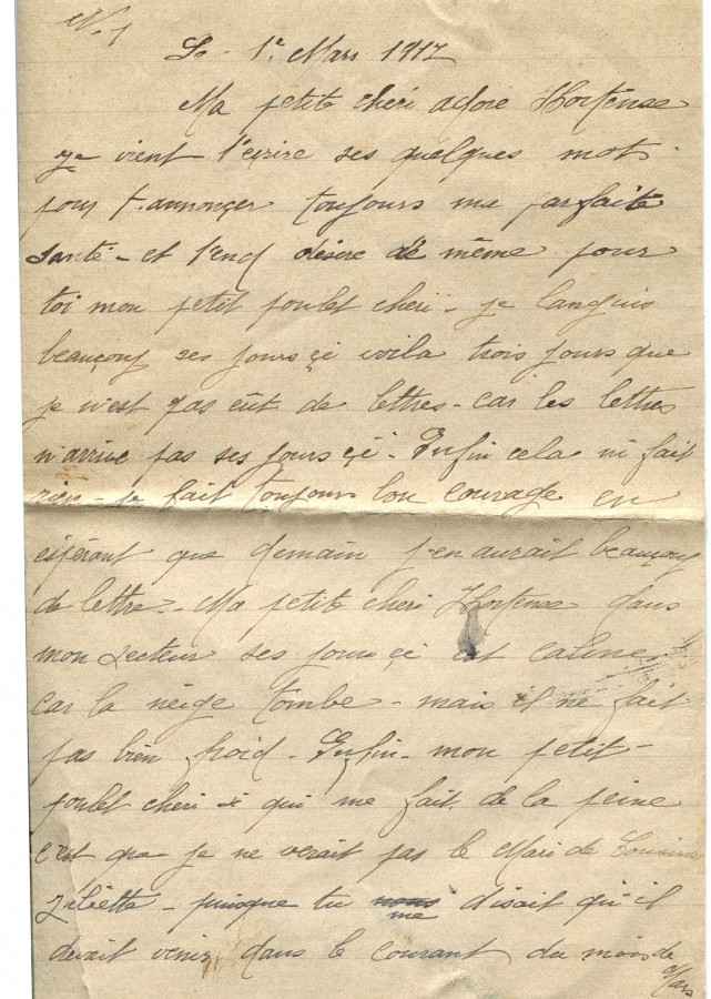 151 - 1er Mars 1917 - Lettre d'Eugène Felenc adressée à sa fiancée Hortense Faurite - Page 1.jpg