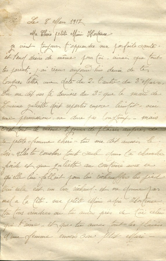 168 - 8 Mars 1917 - Lettre d'Eugène Felenc adressée à sa fiancée Hortense Faurite - Page 1.jpg