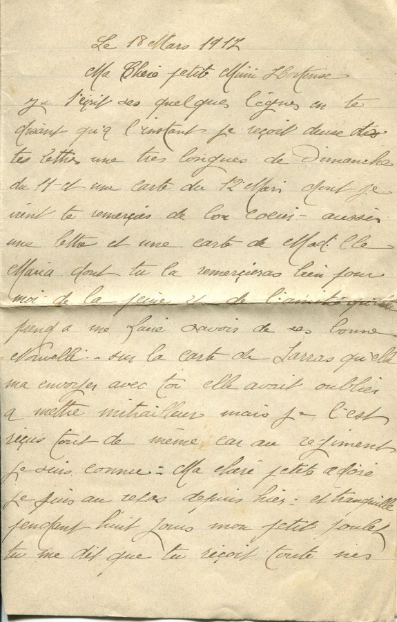 186 - 18 Mars 1917 - Lettre d'Eugène Felenc adressée à sa fiancée Hortense Faurite - Page 1.jpg