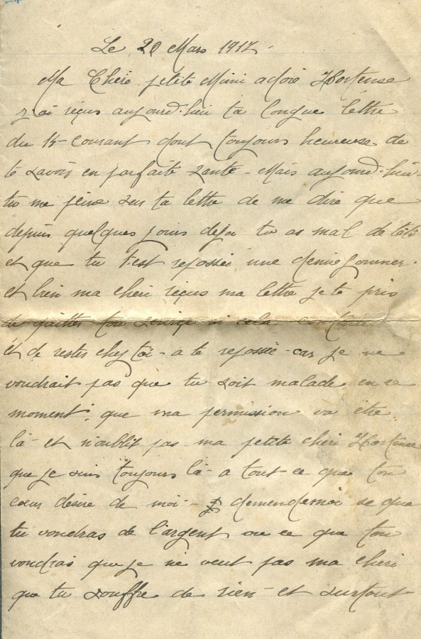 189 - 20 Mars 1917 - Lettre d'Eugène Felenc adressée à sa fiancée Hortense Faurite - Page 1.jpg