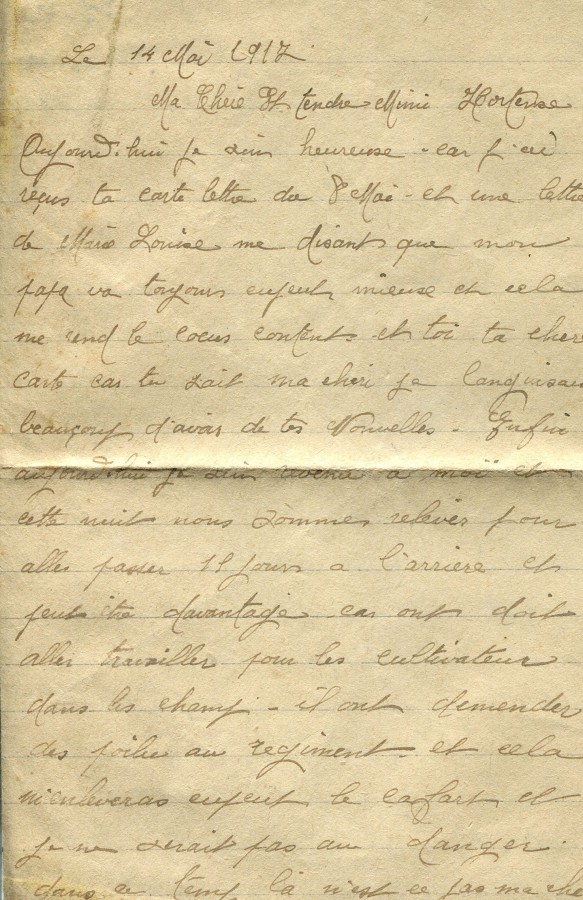 284 - 14 Mai 1917 - Lettre d'Eugène Felenc adressée à sa fiancée Hortense Faurite - Page 1.jpg