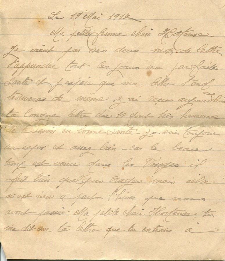 296 - 19 Mai 1917 (bis)  - Lettre d'Eugène Felenc adressée à sa fiancée Hortense Faurite - Page 1.jpg