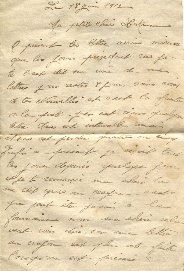 355 - 18 Juin 1917 - Lettre d'Eugène Felenc adressée à sa fiancée Hortense Faurite - Page 1.jpg