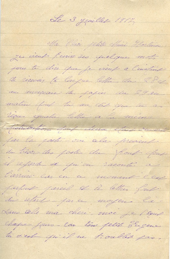 322 - Lettre d'Eugène Felenc adressée à sa fiancée Hortense Fautire datée du 3 Juillet 1917 - Page 1.jpg