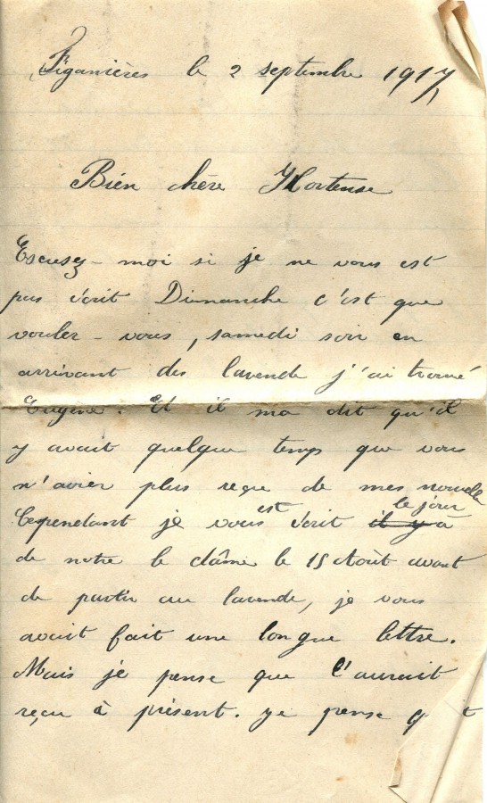 391 - 2 Septembre 1917 - Lettre de Marie-Louise Felenq adressée à Hortense Faurite - Page 1.jpg