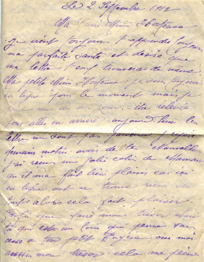 394 - 2 Septembre 1917 - Lettre d'Eugène Felenc adressée à sa fiancée Hortense Faurite - Page 1.jpg
