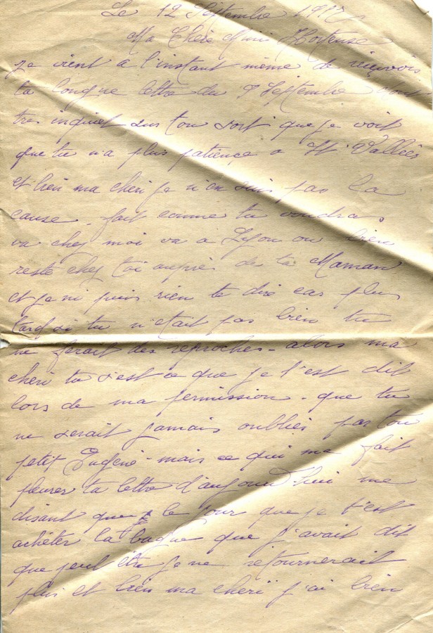 409 - 12 Septembre 1917 - Lettre d'Eugène Felenc adressée à sa fiancée Hortense Faurite - Page 1.jpg