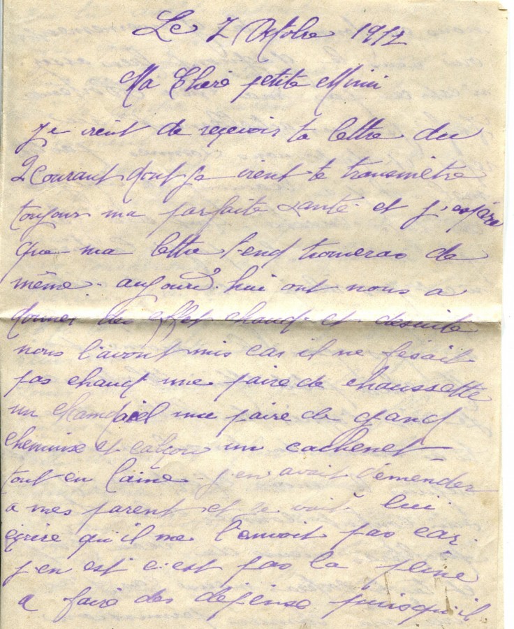 438 - 7 Octobre 1917 - Lettre d'Eugène Felenc adressée à sa fiancée Hortense Faurite - Page 1.jpg