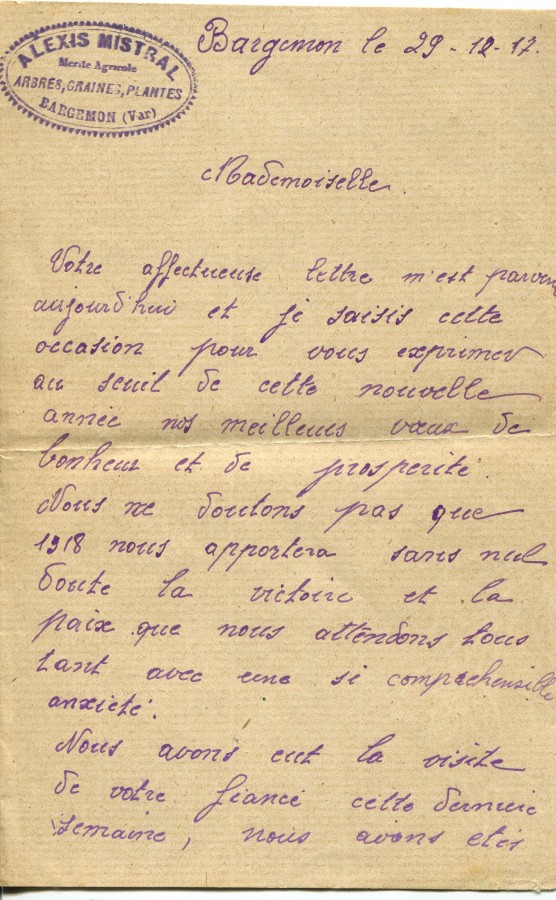 502 - 29 décembre 1917 -Lettre de Alexis Mistral de Bargemon adressée à Hortense Faurite-Page 1.jpg